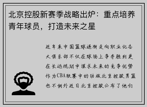 北京控股新赛季战略出炉：重点培养青年球员，打造未来之星